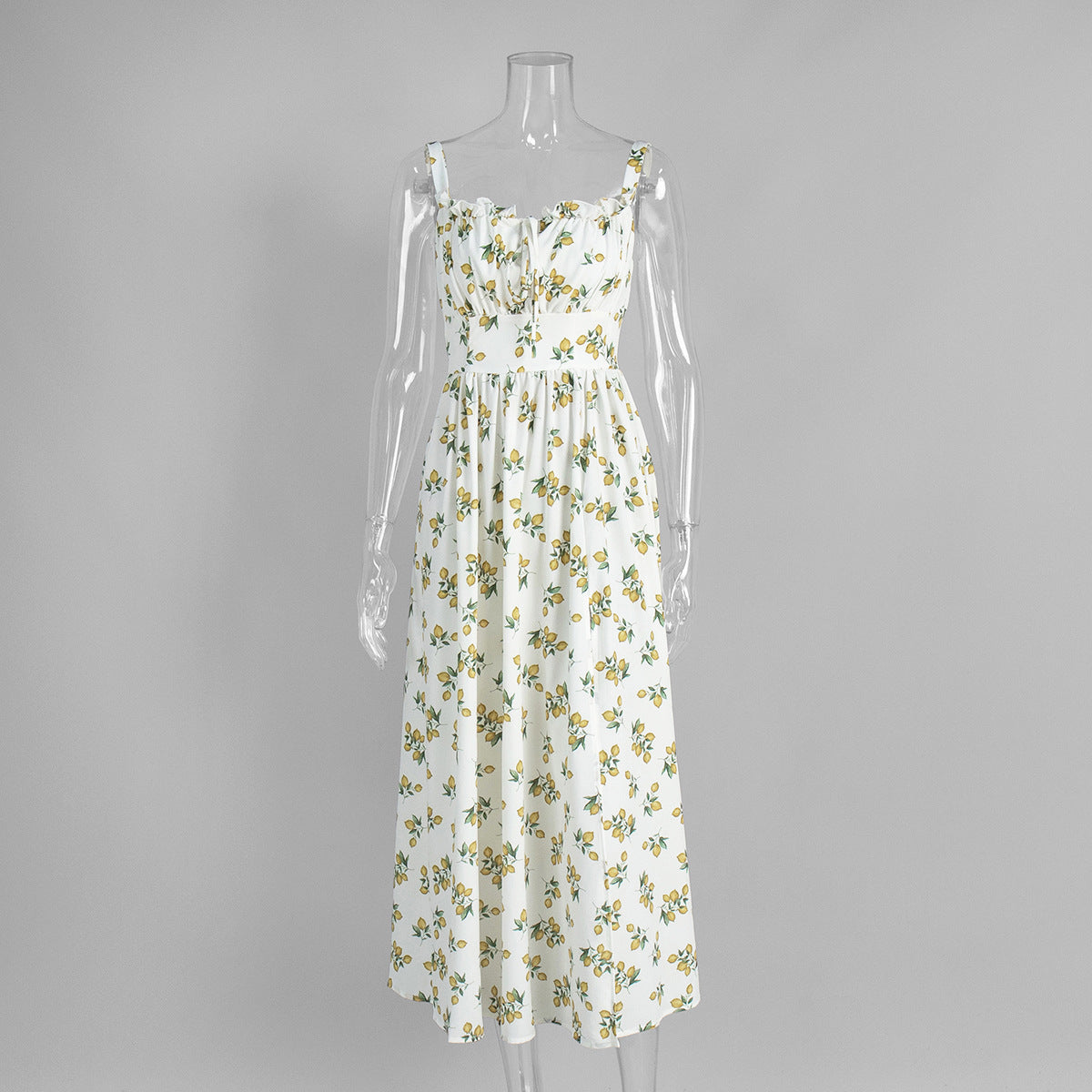 Women’s Lemon Print Spaghetti Strap Maxi Dress – High Waist Split Long Sundress (S-XL Sizes)