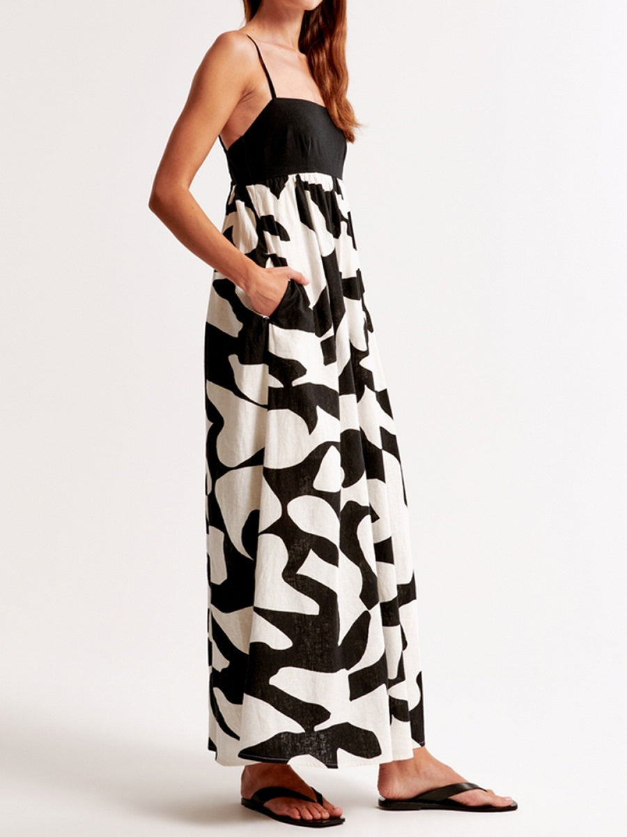 Black and White Spaghetti Strap Maxi Dress – Abstract Print Loose Vacation Sundress (S-XL Sizes)