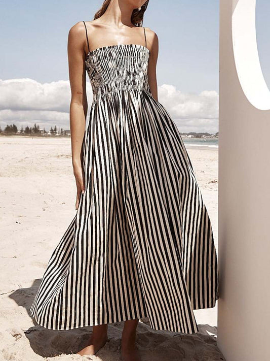 Women’s Black & White Striped Spaghetti Strap Maxi Dress – Slimming Summer Beach Dress (S-XL Sizes)