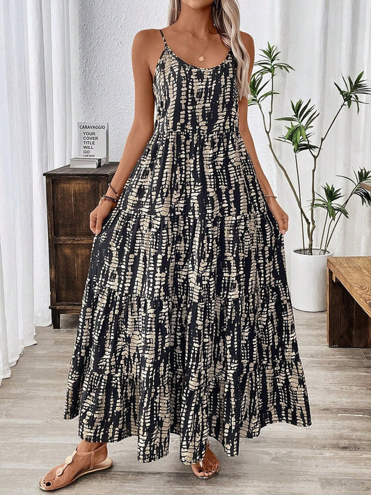 Black and White Printed Spaghetti Strap Maxi Dress – Loose Fit Summer Sundress (S-XL Sizes)