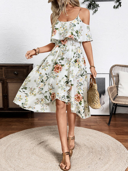 Chiffon Floral Print Spaghetti Strap Midi Dress – Ruffle Hem Vacation Sundress (S-XL Sizes)