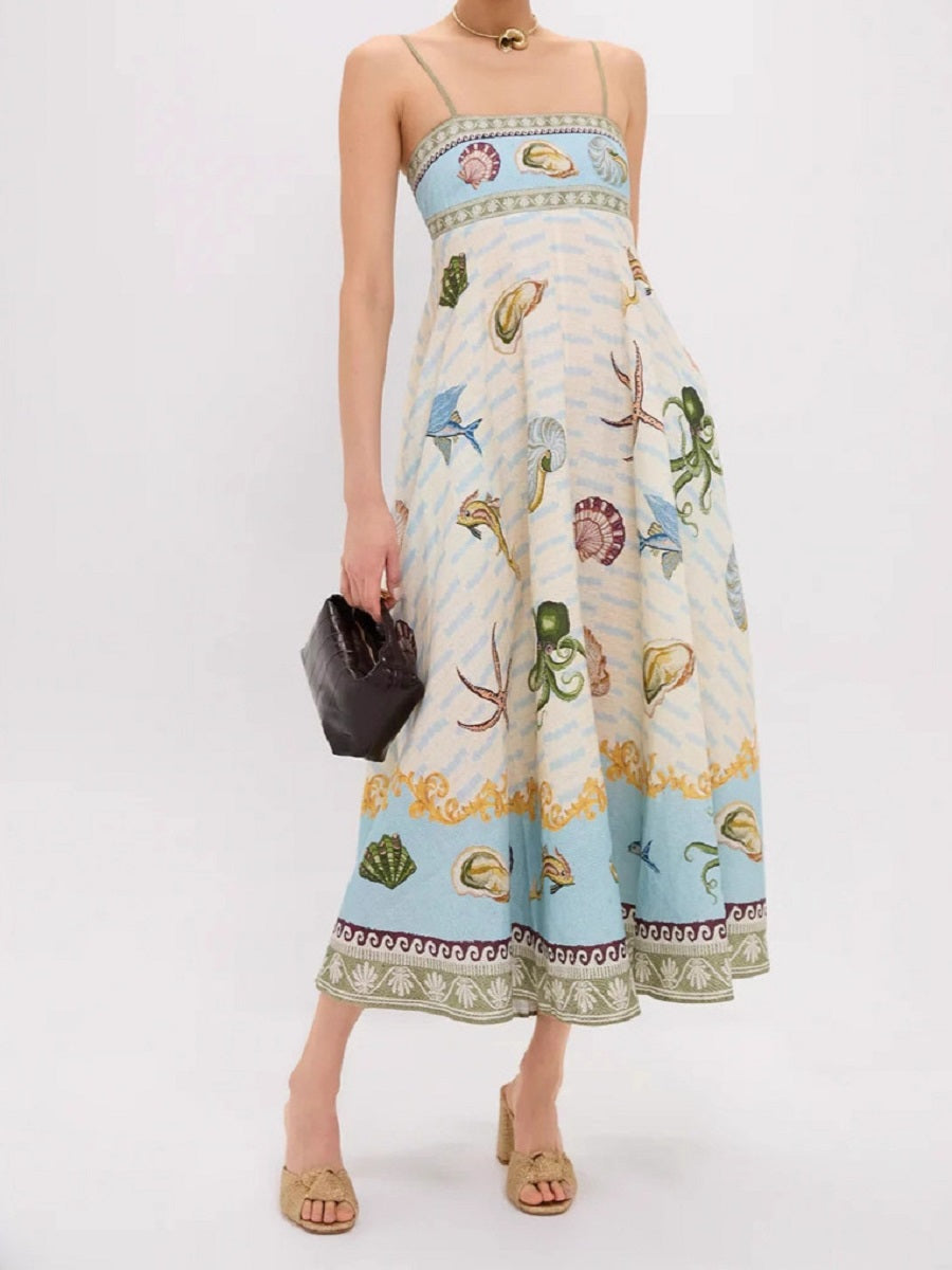 Ocean-Themed Print Spaghetti Strap Dress – Mid-Length Vacation Sundress (S-XL Sizes)