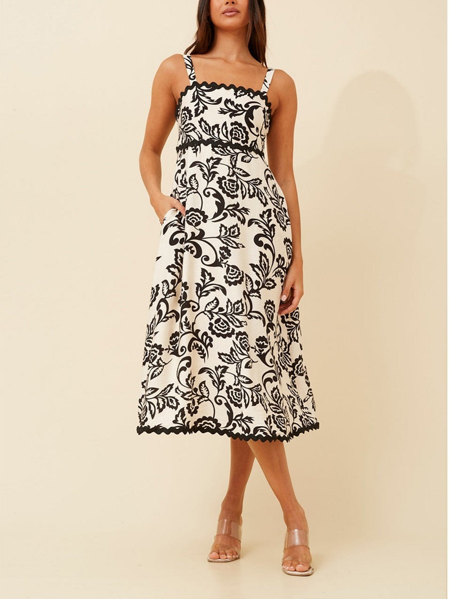 Black and White Floral Print Midi Dress – Spaghetti Strap Elegant Summer Sundress (S-XL Sizes)
