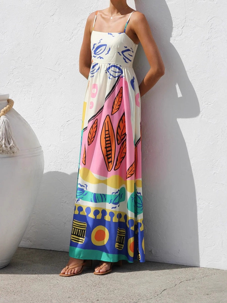 Colorful Abstract Print Spaghetti Strap Maxi Dress – Casual Vacation Sundress (S-XL Sizes)