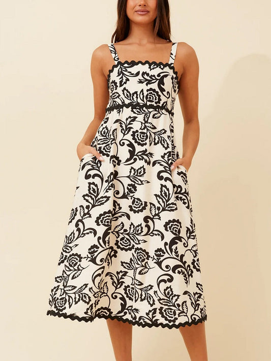 Black and White Floral Print Midi Dress – Spaghetti Strap Elegant Summer Sundress (S-XL Sizes)