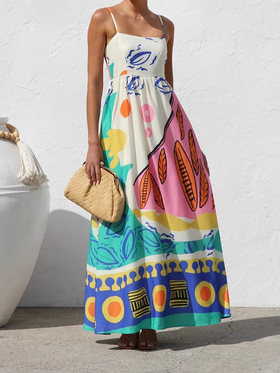Colorful Abstract Print Spaghetti Strap Maxi Dress – Casual Vacation Sundress (S-XL Sizes)