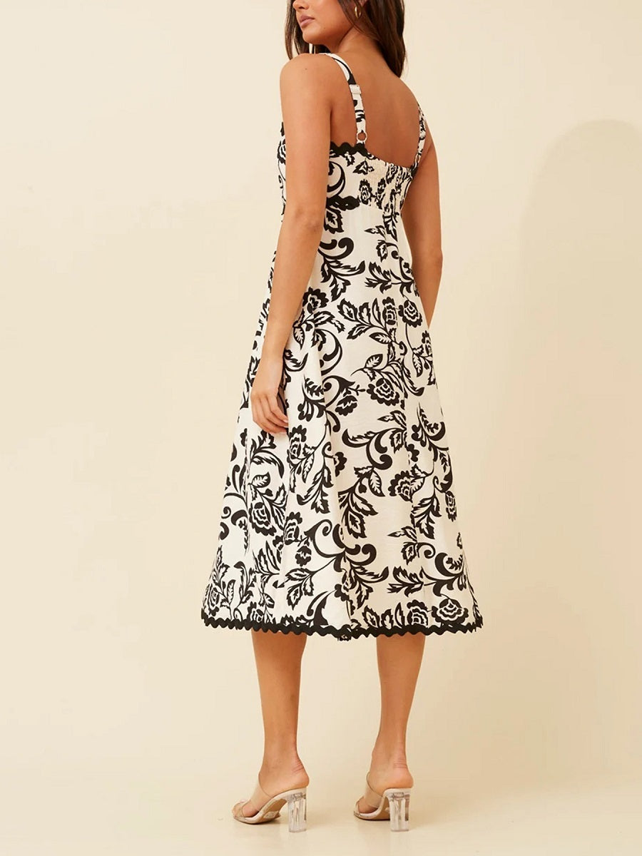 Black and White Floral Print Midi Dress – Spaghetti Strap Elegant Summer Sundress (S-XL Sizes)