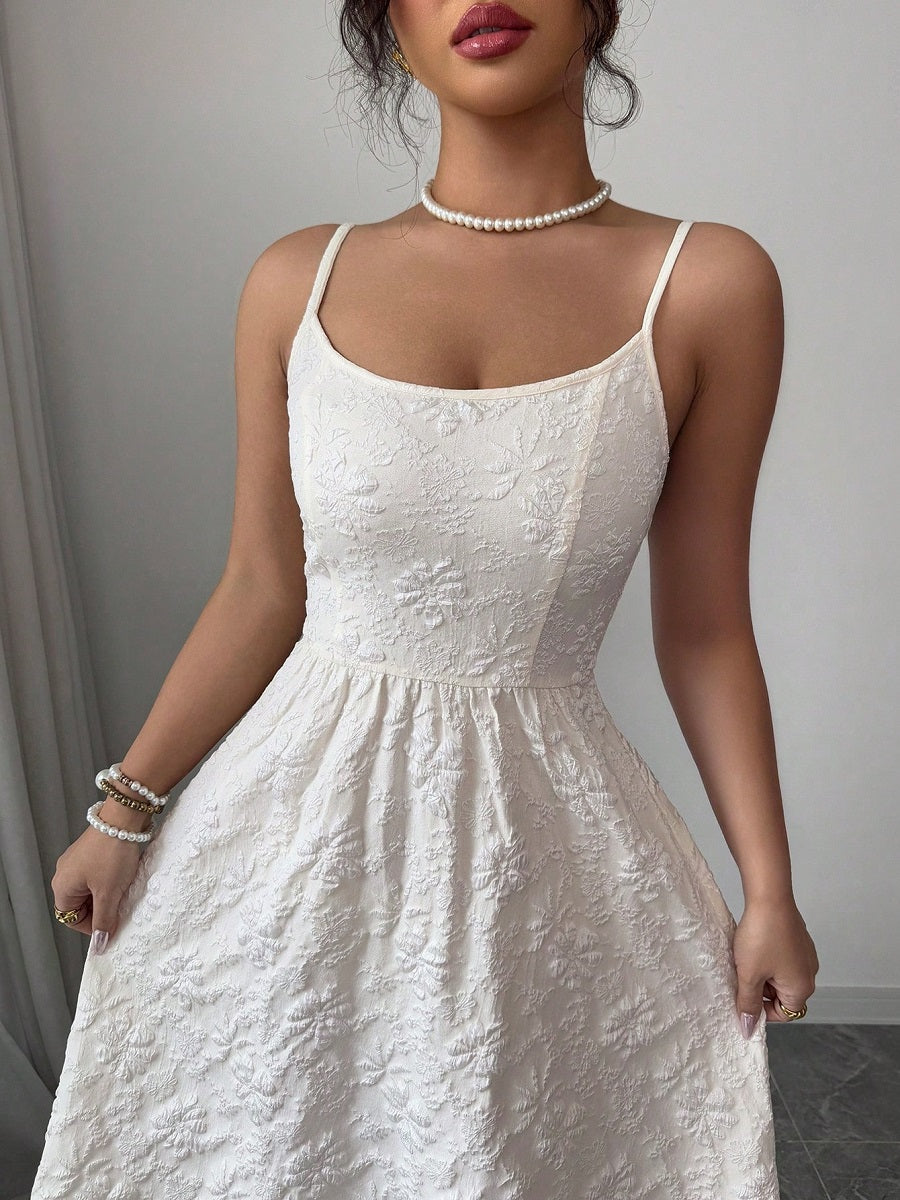 White Spaghetti Strap Midi Dress – Elegant Embossed Floral Sundress with Waist Design (S-XL Sizes)