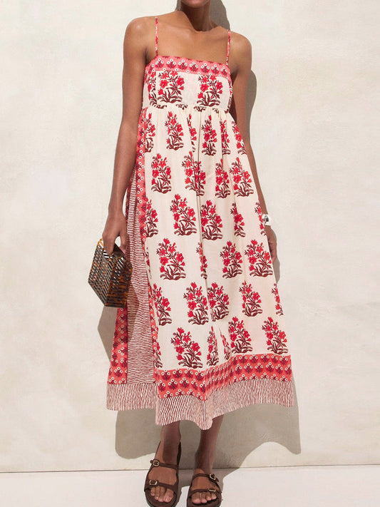 Women’s Red Floral Print Spaghetti Strap Maxi Dress – Vacation Summer Sundress (S-XL Sizes)
