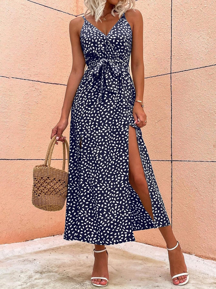 Women’s Navy Blue Printed Spaghetti Strap Maxi Dress – Waist Tie Split Sundress (S-XL Sizes)