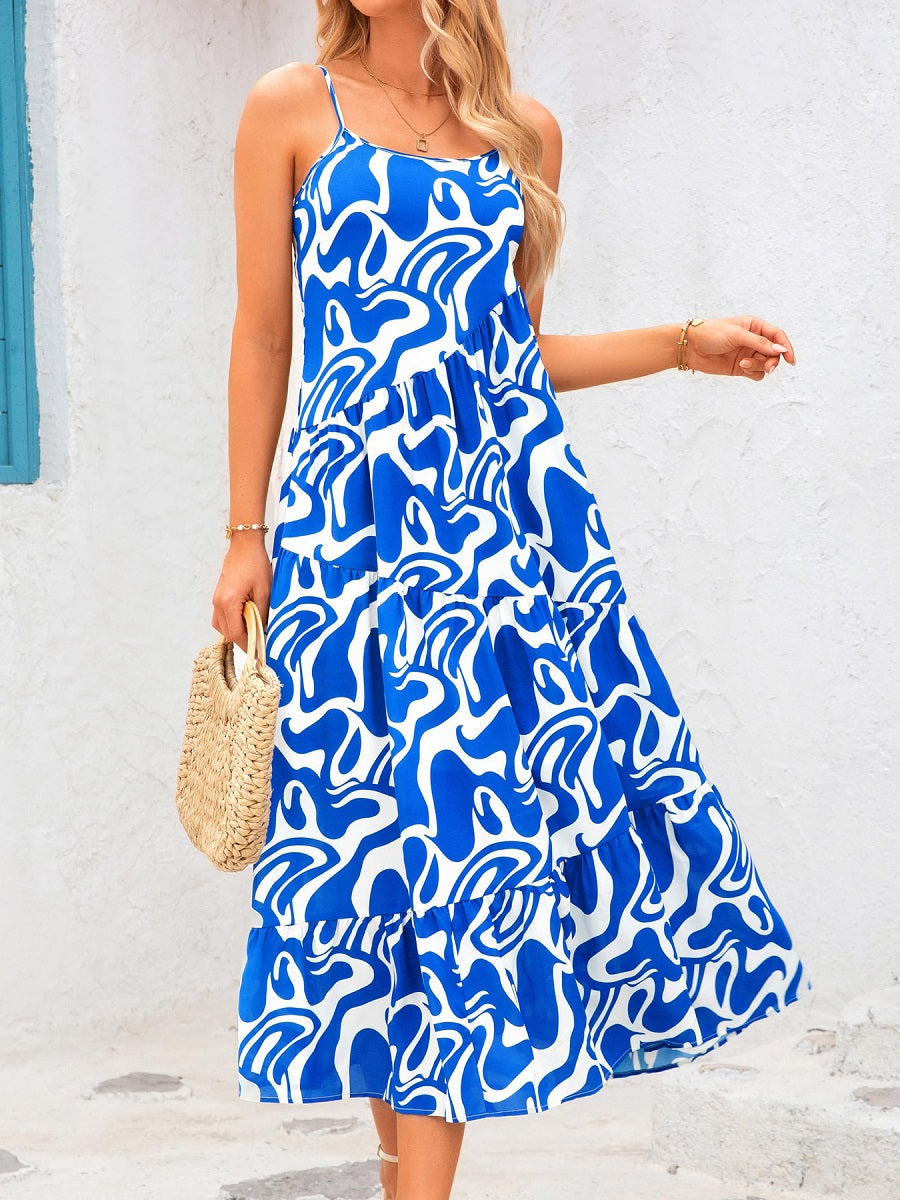 Blue and White Abstract Print Spaghetti Strap Maxi Dress – Loose Tiered Vacation Sundress (S-XL Sizes)