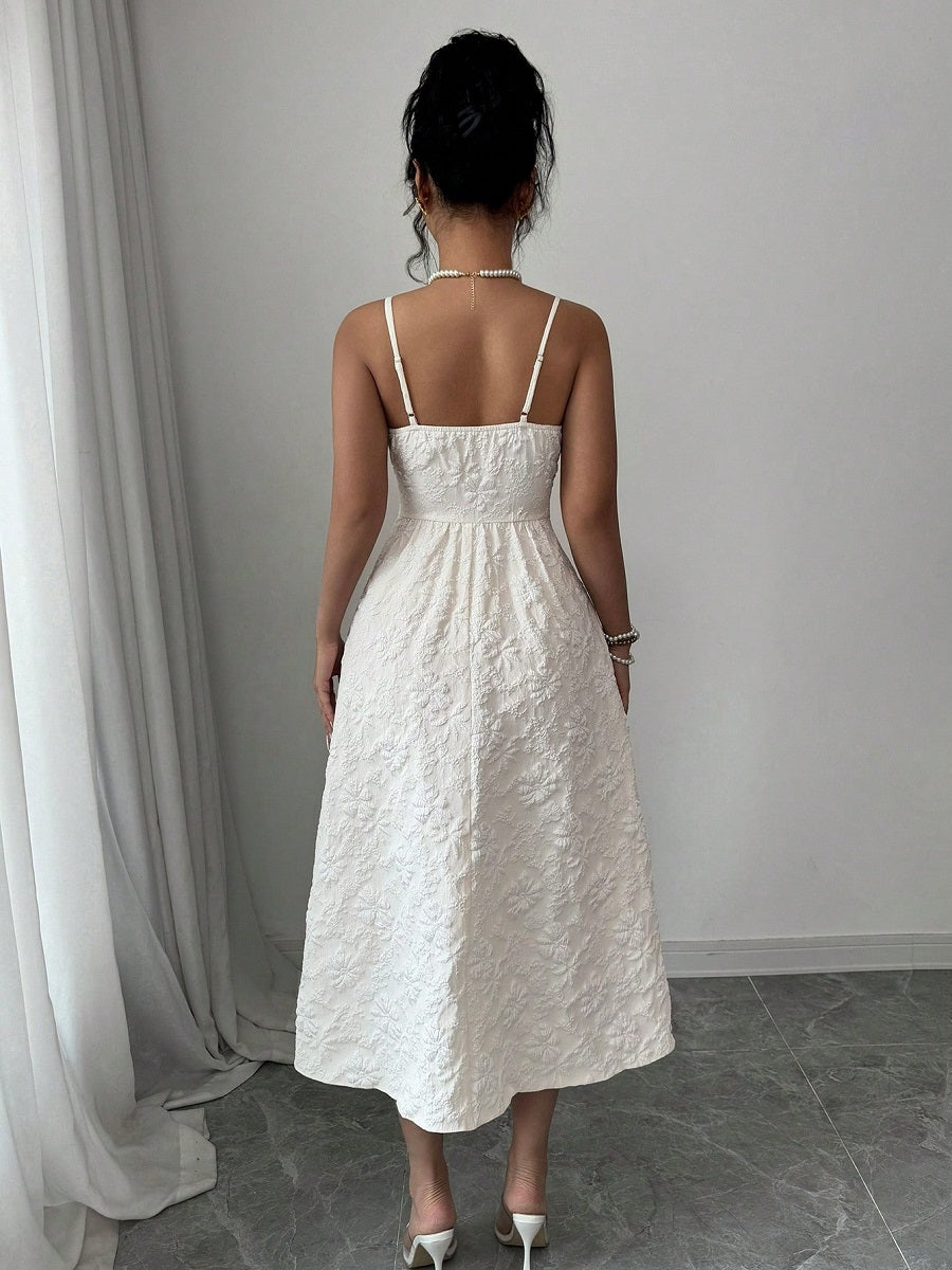 White Spaghetti Strap Midi Dress – Elegant Embossed Floral Sundress with Waist Design (S-XL Sizes)