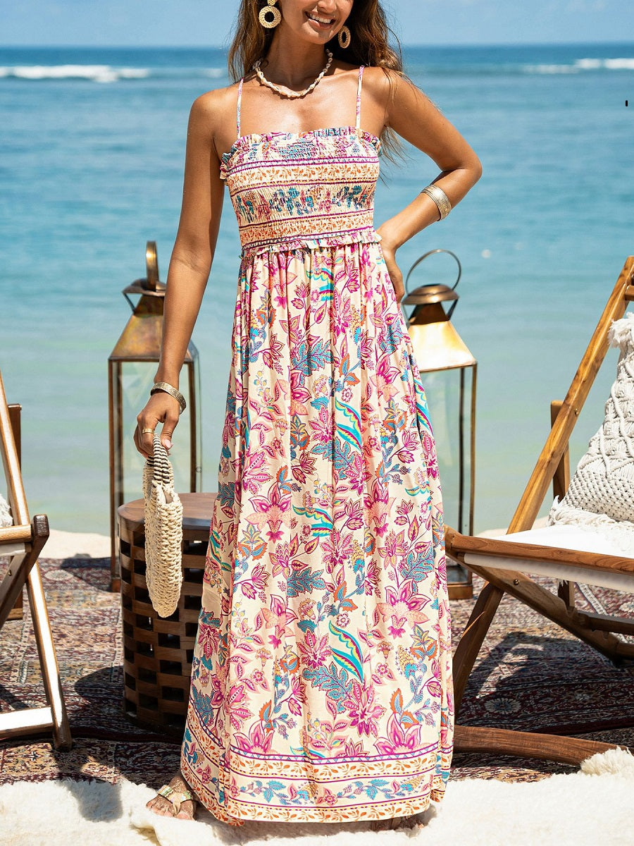 Colorful Floral Print Spaghetti Strap Maxi Dress – Summer Vacation Sundress (S-XL Sizes)