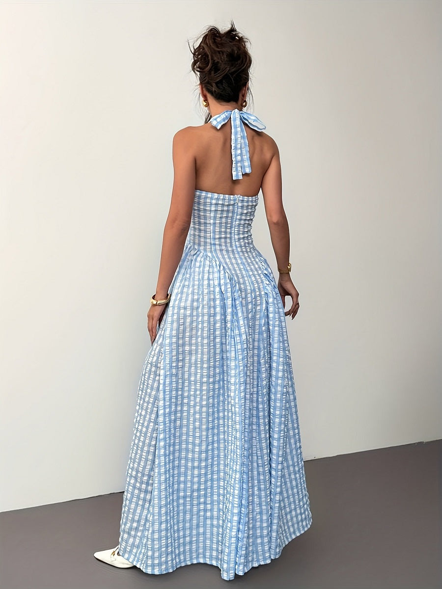 Blue & White Gingham Sleeveless V-Neck Maxi Dress – Elegant High-Waist Summer Dress (S-XL Sizes)
