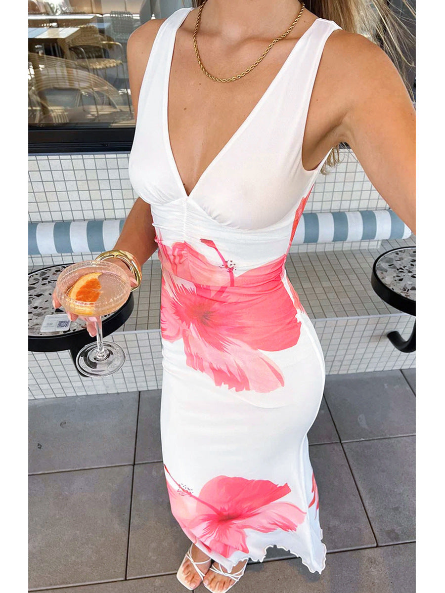 Floral Print V-neck Slim Fit Maxi Dress – Elegant Summer Sundress (S-XL Sizes)