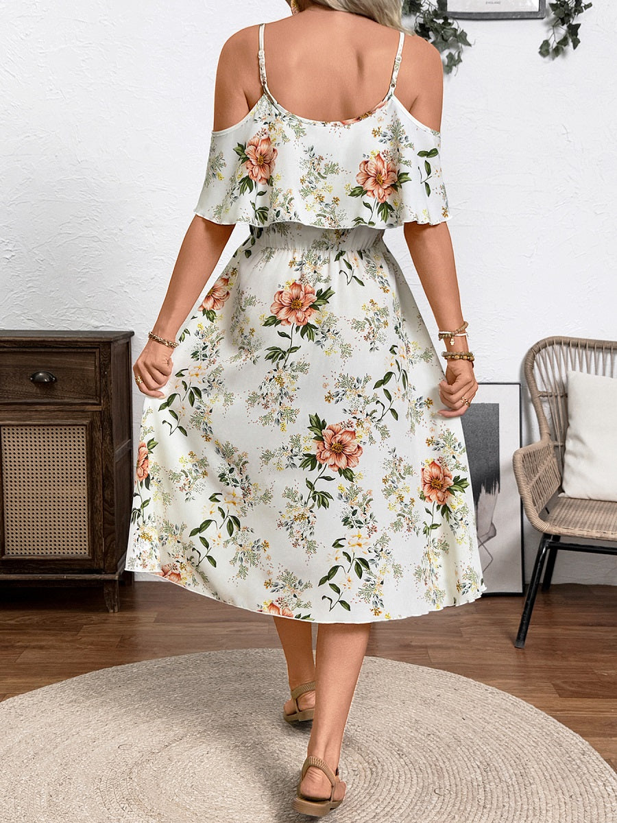 Chiffon Floral Print Spaghetti Strap Midi Dress – Ruffle Hem Vacation Sundress (S-XL Sizes)