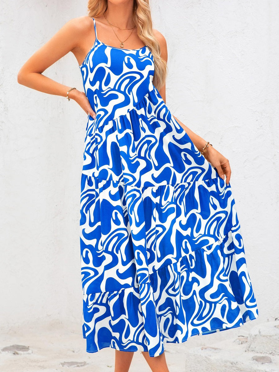 Blue and White Abstract Print Spaghetti Strap Maxi Dress – Loose Tiered Vacation Sundress (S-XL Sizes)