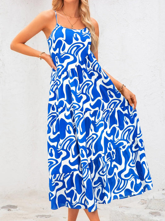Blue and White Abstract Print Spaghetti Strap Maxi Dress – Loose Tiered Vacation Sundress (S-XL Sizes)