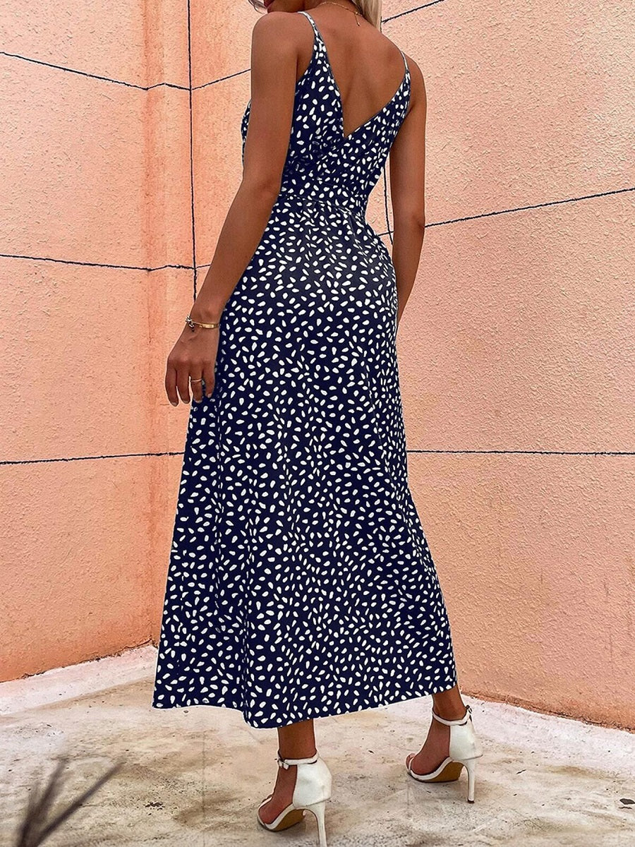 Women’s Navy Blue Printed Spaghetti Strap Maxi Dress – Waist Tie Split Sundress (S-XL Sizes)