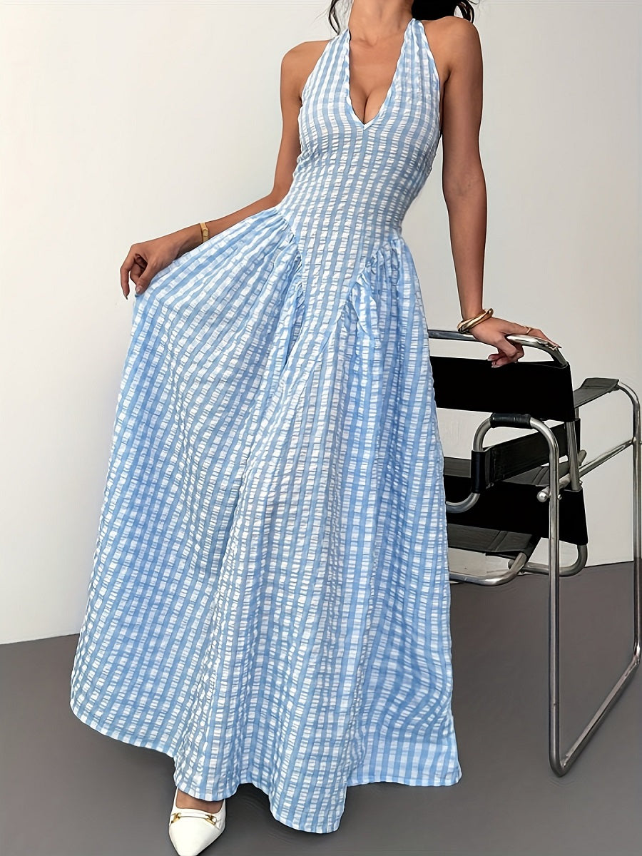 Blue & White Gingham Sleeveless V-Neck Maxi Dress – Elegant High-Waist Summer Dress (S-XL Sizes)