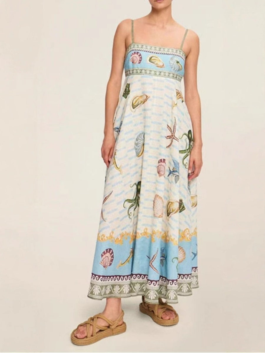 Ocean-Themed Print Spaghetti Strap Dress – Mid-Length Vacation Sundress (S-XL Sizes)