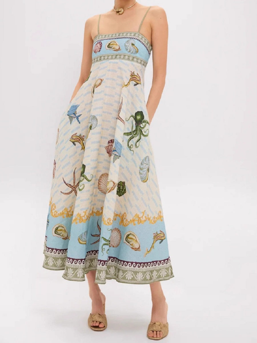 Ocean-Themed Print Spaghetti Strap Dress – Mid-Length Vacation Sundress (S-XL Sizes)