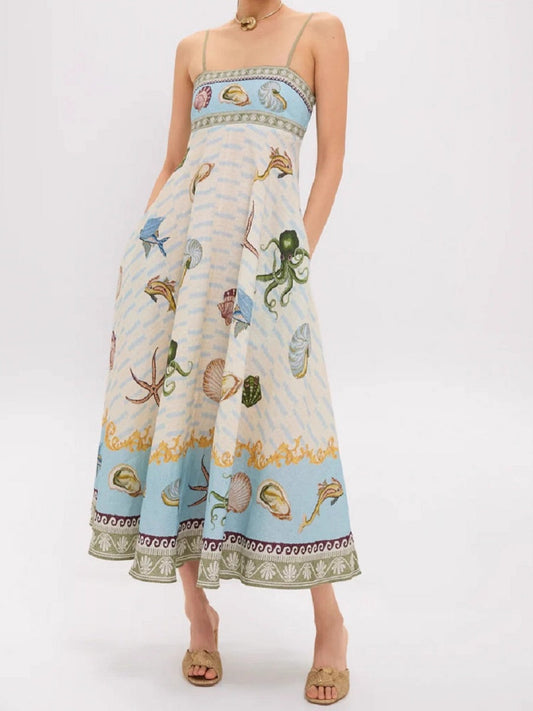 Ocean-Themed Print Spaghetti Strap Dress – Mid-Length Vacation Sundress (S-XL Sizes)
