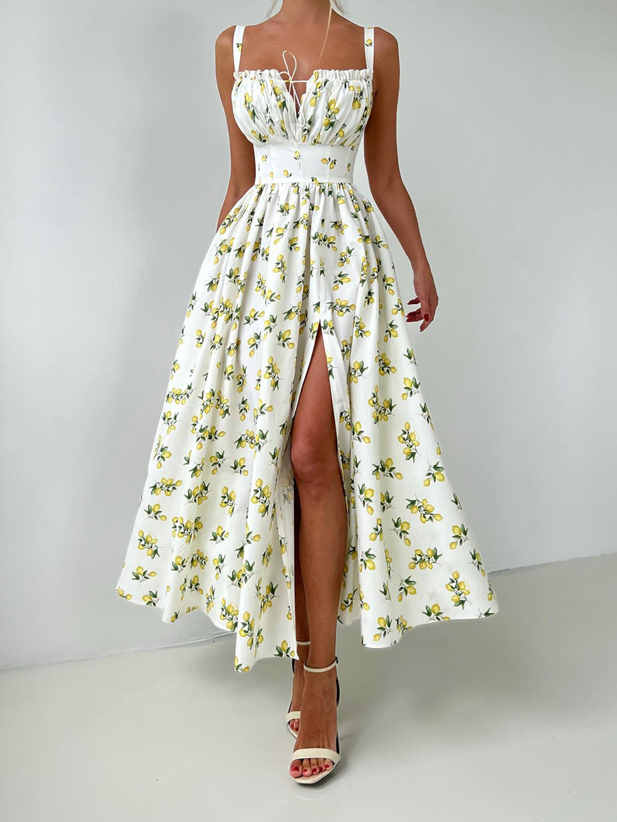 Women’s Lemon Print Spaghetti Strap Maxi Dress – High Waist Split Long Sundress (S-XL Sizes)