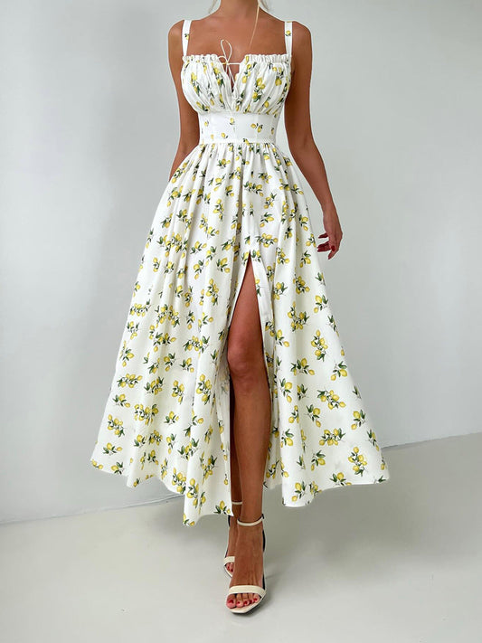 Women’s Lemon Print Spaghetti Strap Maxi Dress – High Waist Split Long Sundress (S-XL Sizes)