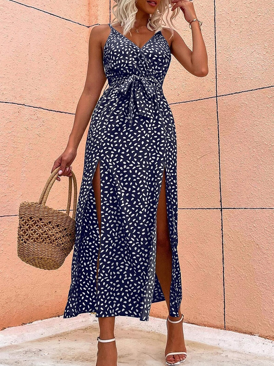 Women’s Navy Blue Printed Spaghetti Strap Maxi Dress – Waist Tie Split Sundress (S-XL Sizes)